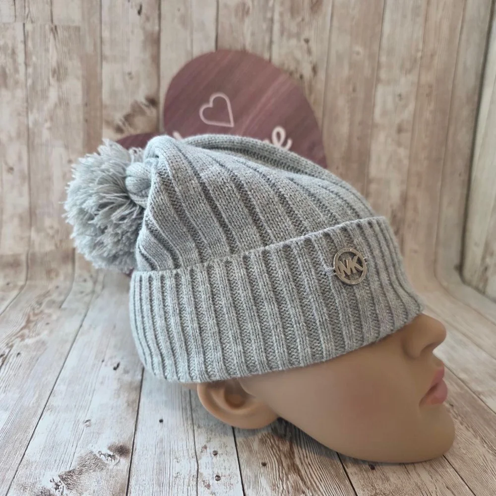 Women's Michael Kors Gray Ribbed Knit Pom Beanie